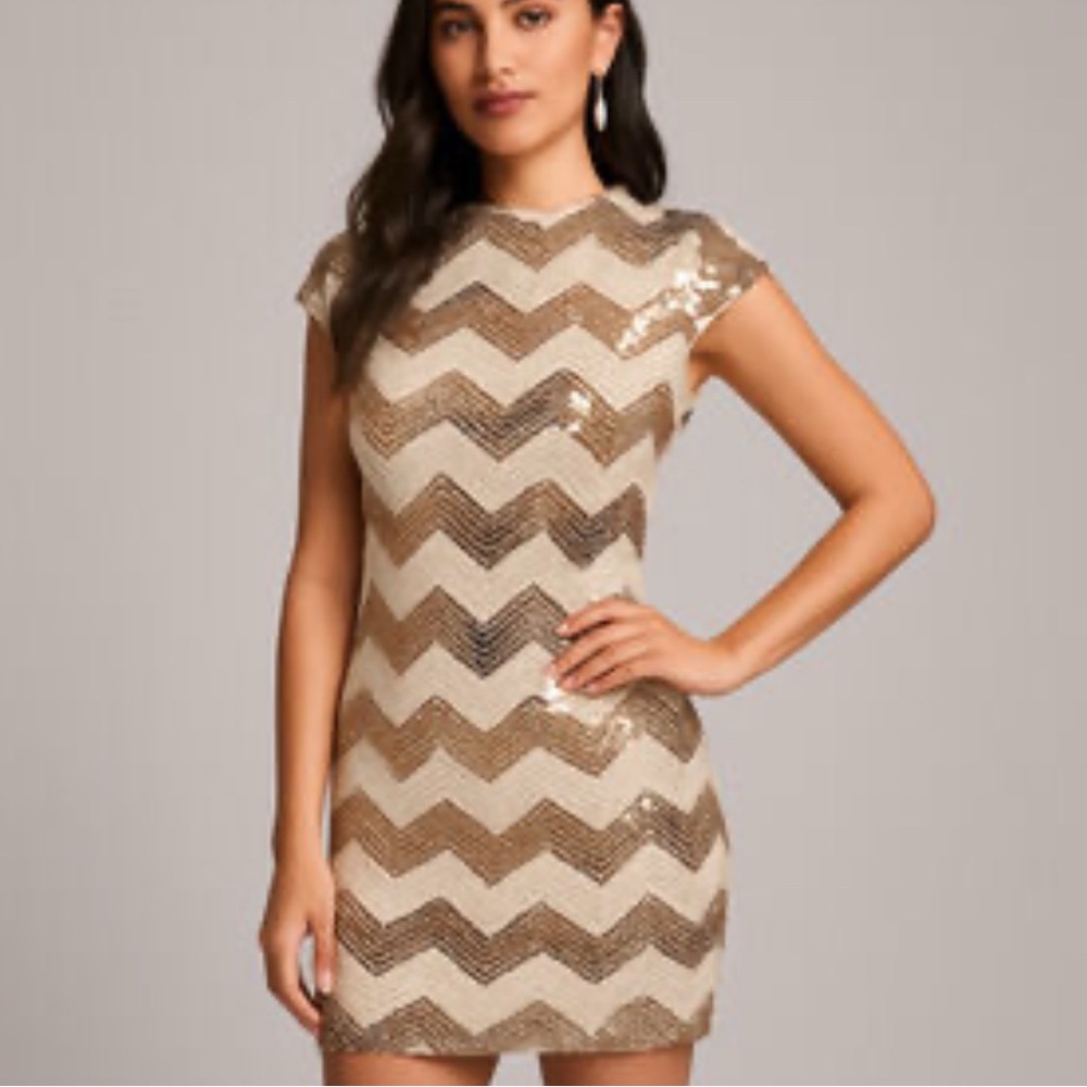 NWT White House Black Market Sequin Gold & Silver Chevron Zig Mini Dress size S